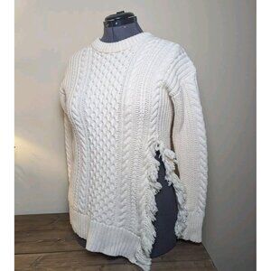 XXS J. CREW Cotton & Wool Sweater - Chunky Cable Knit w/ Slit and Fringe